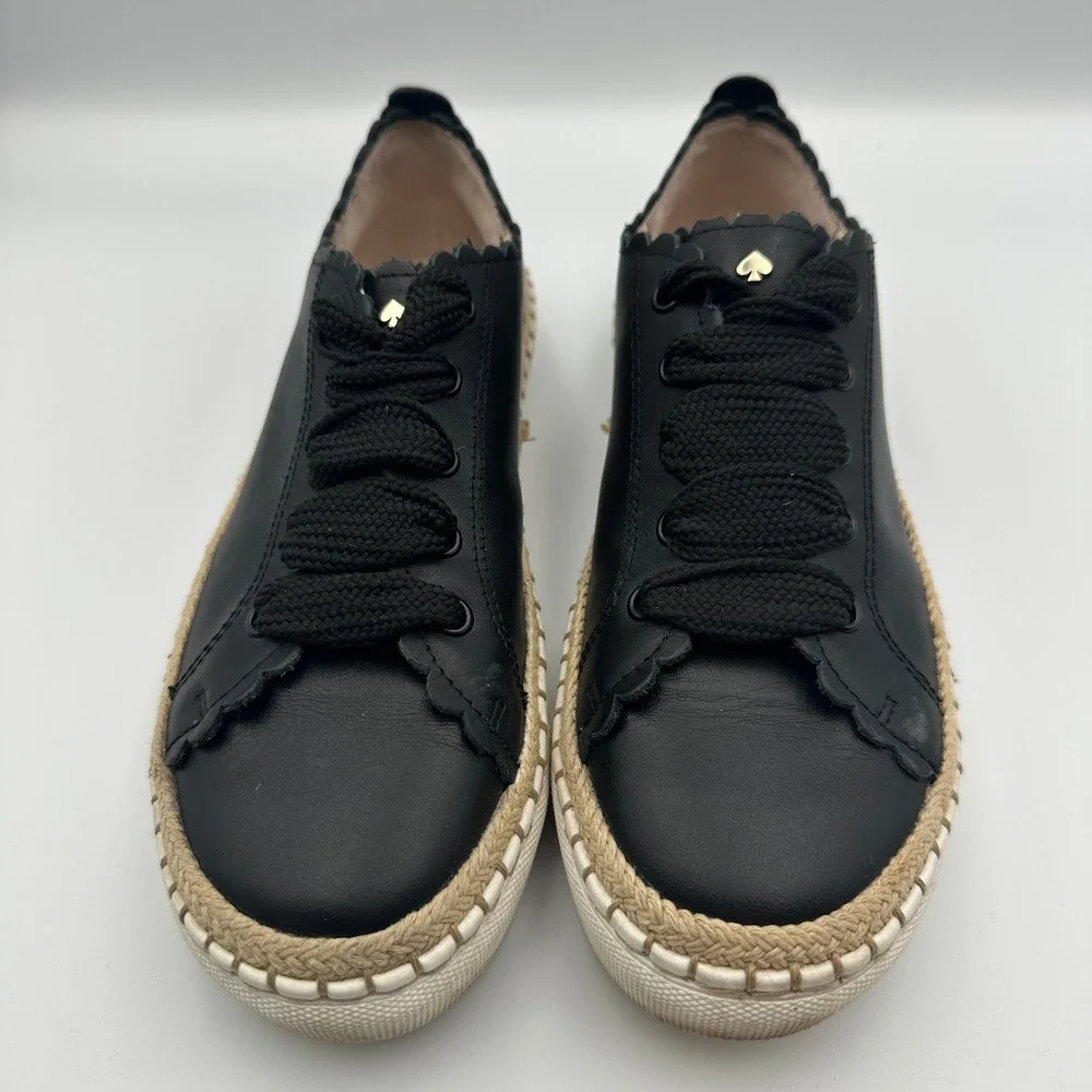 Kate Spade New York Lena Black Leather Sneakers Chunky Laces Scalloped Chic Sz 5